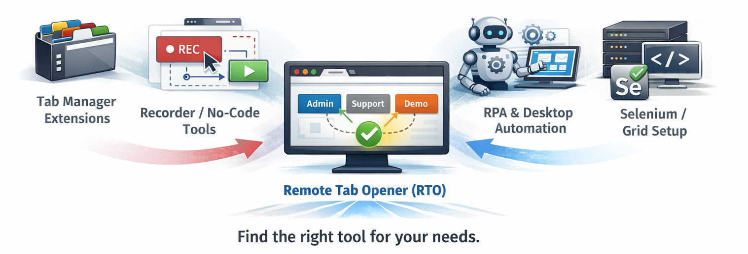 Visual comparison between tab manager extensions, recorder and no-code tools, RPA and desktop automation, Selenium or Grid, with Remote Tab Opener positioned in the middle.